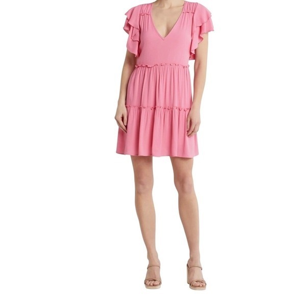 TART Eli Flutter Sleeve Tiered Dress Chateau Rose Pink Large $194 - Picture 3 of 12